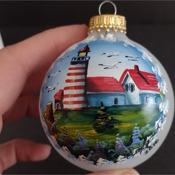 Hand Painted Glass Ornament By Maine Artist Signed Doug 2016 Lighthouse Seagulls - Picture 3 of 6